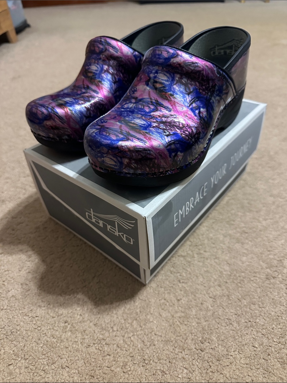 Dansko Purple and Blue Swirl Leather Clogs